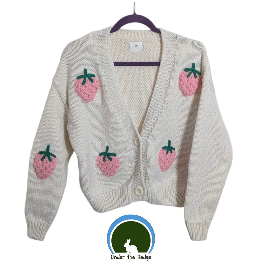Anthropoligie Luna Ivy Cream Strawberry Motif Chunky Cardigan XS Soft Girl